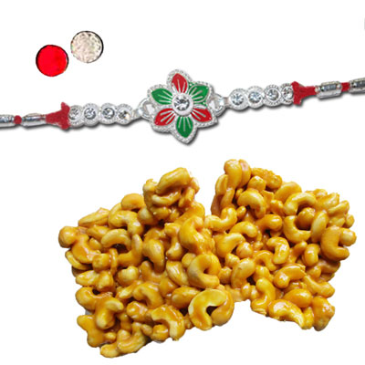 "Silver Coated Rakhi - SIL-6160 A (Single Rakhi), 250gms of KajuPakam Sweet - Click here to View more details about this Product